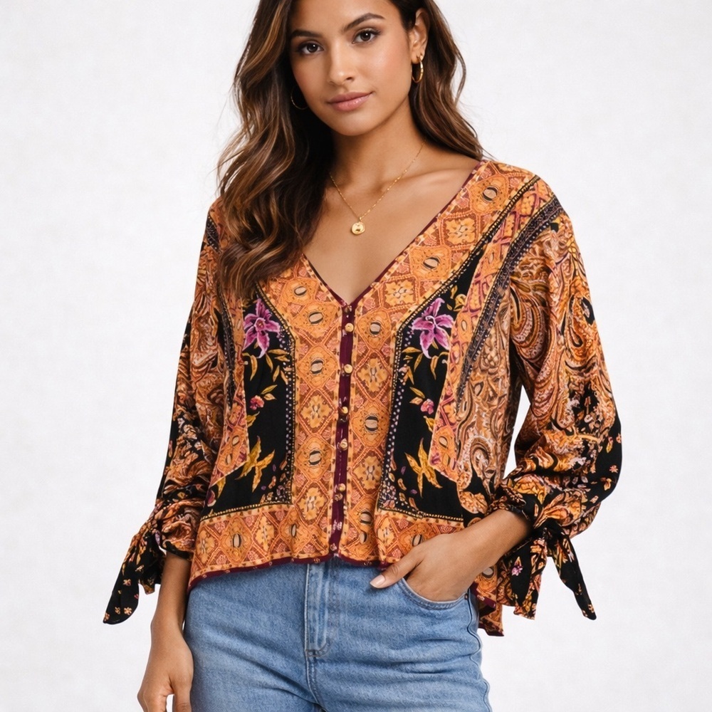 Free People Catch Me If You Can Top M Dark Combo Tie Sleeve NWT